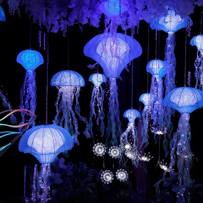 LED Jellyfish Hanging Lamp Marine Luminous Arrangement for Outdoor Weddings Auditorium Iron Chandelier Acrylic Crystals Plastic