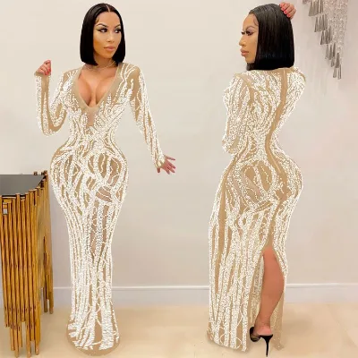 Sexy Hot Diamond Sequin Black Party Gowns Evening Dress Perspective Gauze Shining Women Evening Wear Dresses