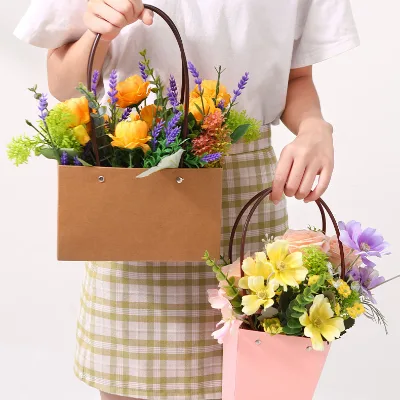 Flower Carry Bag Small Cake Boxes Wholesale Valentines Gift Paper Packaging Handle pink Flower Bag