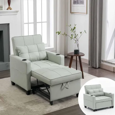 Convertible Leather 3-in-1 Pull Out Sleeper Chair Beds with USB Ports Adjustable Backrest Foldable Sofa Bed for Living Room