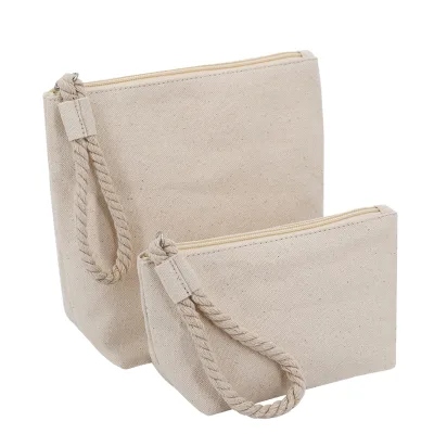 Custom Solid Color Cotton Canvas Large Capacity Cosmetic Bag Zipper Closure Rope Handle Multi-Purpose for Pouch Organizer