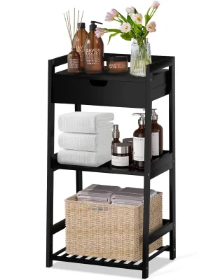 Bamboo Bathroom Storage Shelves with Drawer Ladder Shelf Space-Saving Design Stylish Display Nightstand for Home Kitchen Office