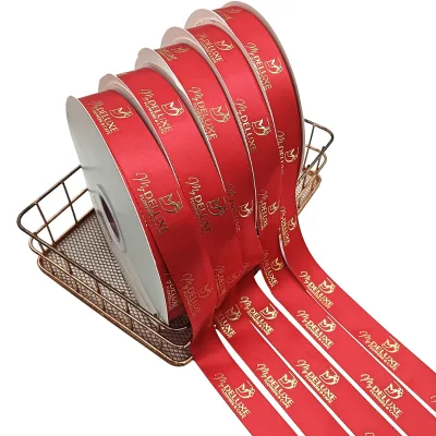 Sustainable RPET Gold Foil Printed Ribbon Premium Recycled Polyester Satin Ribbon for Wedding Luxury Packaging