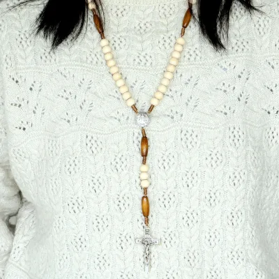 Eco Friendly Minimalist Rustic Wooden Rosary Beads Antique Silver Jesus Cross Religious Gifts for Church