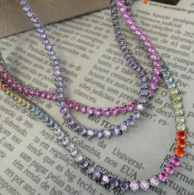 Colorful Rainbow Cubic Zirconia Tennis Chain Necklace Copper Brass Base Multi Color Gemstone Choker Necklace for Women
