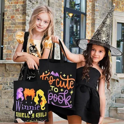 Halloween Party Favor Bags - 3-Pack Cotton Canvas Totes with Witch Hat Design