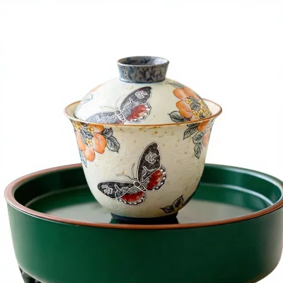 National Trend Silver-Outline Peach Blossom Dancing Butterflies Flared Rim Three-Piece Covered Bowl Caramel Kung Fu Tea Tea