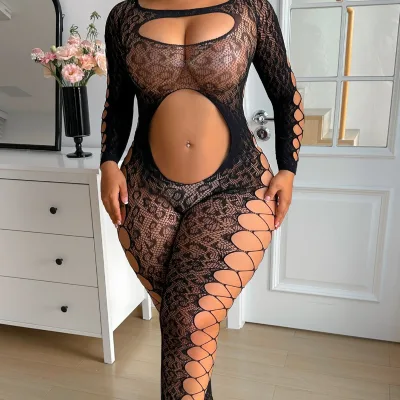 Irregular Mesh Hollow Out Bodysuit Sexy Leopard Print Plus Size Lingerie Thin Navel Exposing Bodystocking Stock Adult Products