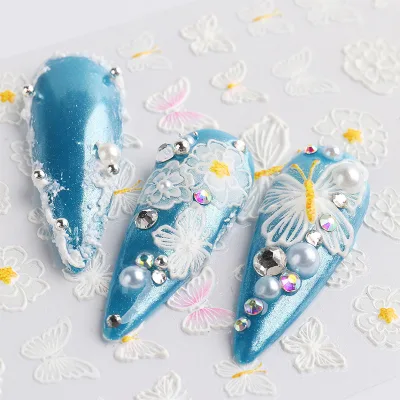 Hot style nail art stickers 5d embossed hollow white bridal nail lace butterfly flower stickers press on nails kawaii