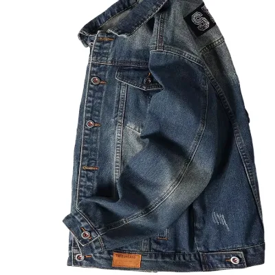 Wholesale Men Spliced Denim Jacket Trendy Patchwork Jean Coat Two Colors Top Outerwear