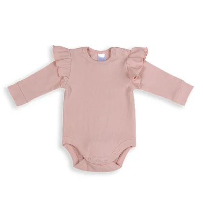 Warm and Comfortable Pink Ruffled Long-Sleeved Bodysuit Baby Girl
