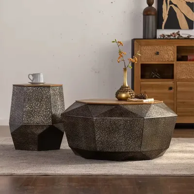 Retro Wabi-Sabi Style Solid Wood Top Coffee Table with Metal Base High-End Creative for Living Room Tea Table