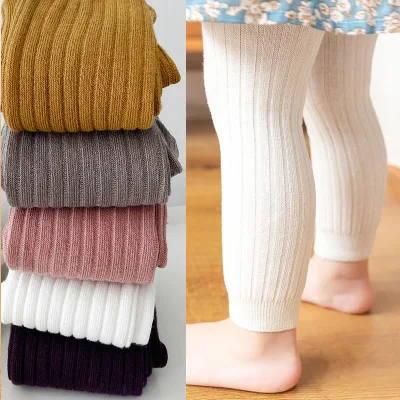 AB-059 Multi Color Ribbed Footless Baby Leggings Soft Stretch Knit Nine Minute Pants for Little Girls Daily Matching