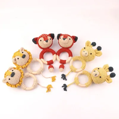 2024 New Baby Comfort Toy Creative Knitted Lion Fox Deer Animal Shaped Baby Hand Ringing Bell Teether Ring