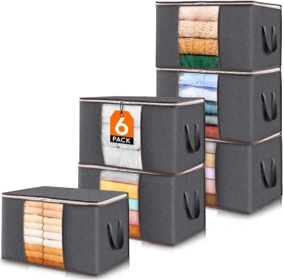 6-Piece Fabric Garment Storage Box Cover Multifunctional Foldable Zipper Blanket Storage Bag Transparent Window Reinforced