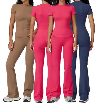 Outdoor Wear Short Sleeves Women Sport Tops High Quality Flare Workout Legging 2 Pieces Set for Ladies
