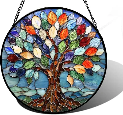 Customizable Art Deco Floral UV Printed Stained Glass Artificial Outdoor Resistant Stained Glass Suncatcher Window Hanging