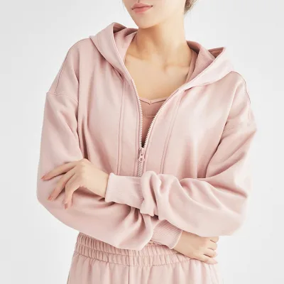 Plain Oem Wholesale Cropped Top Zip up Hoodie Cropped Hoodie Woman pink