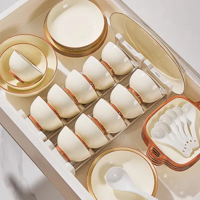 Aesthetic Cream White Thin Brown Rim Ceramic Dinnerware Set Complete Bowl Plate Spoon Tableware Custom Logo Wedding Gift