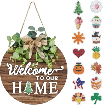 Interchangeable Seasonal Welcome Sign Front Door Decoration Rustic Round Wood Wreaths Wall Hanging Outdoor Diy Pendant