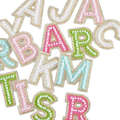 New 6.5CM Silver Glitter Embroidered Letter Patch Beautiful Bead Pearl Embodiery Self-Adhesive PVC Fabric for Iron-On Style
