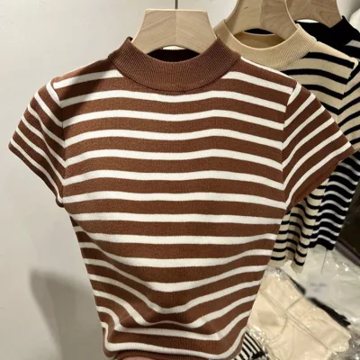 Regular Sleeve Knit Top Summer 2026 Striped Base Layer Womens Slim-fit Blouse Mandarin Collar Short-sleeve Casual Polyester
