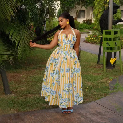 ZHEZHE 2026 European American Clothing Womens Floral Print African-Inspired Fresh-Printed A-line Maxi Dress Halterneck Dress
