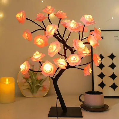 Table Lamp Rose Light String Tree Night Lights USB Powered Lighting for Girls Lover Party Camping Summer Decor
