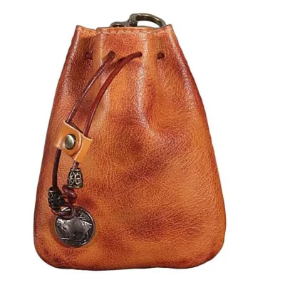 First-Layer Cowhide Retro Coin Purse Earphone Key Bag Lucky Broken Zipper Closure Unisex Soft Handle Hanging Waist Flap Pocket