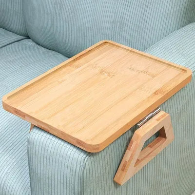 Couch Arm Tray Natural Bamboo Folding Tray for Sofa Armrest Clip-On Desk Drinks/Snacks/Phone Remote Control Living Room Bathroom