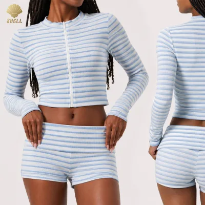 Women Ribbed Jersey Stripe Yoga Set Cropped Zip up Long Sleeve Jacket and Foldover Waistband Mini Shorts Outfit