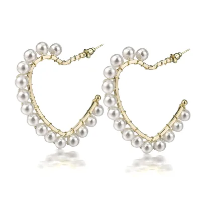 Irregular Heart Shape Simulation Pearl Earrings Gold Plated Metal Chic Statement Handmade Stud Hoop Earrings
