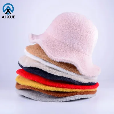 2025 New Arrival Solid Bucket Hats Fashion Winter Bucket Hats Custom Marten Hair Fur Furry Fisherman Cap for Woman