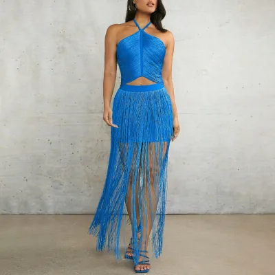 Blue Tassel Two Pieces Set Women Summer New Sexy Halter Hollow Top &Skirt With Fringed Party Suit Fashion Outfit
