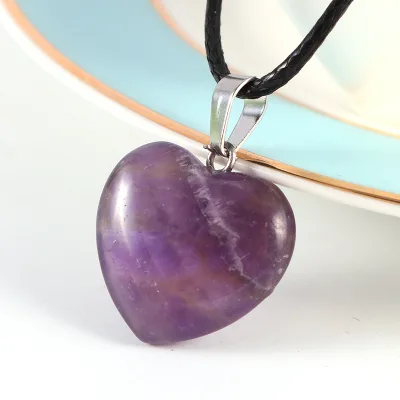 20x8mm Customize Necklace Stainless Natural Amethyst Purple Crystal Natural Stone Heart Necklace Men