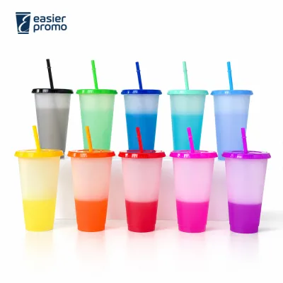 Custom Logo 24oz Color Changing Plastic Iced Coffee Cup with Lid and Straw for Cold Drinks