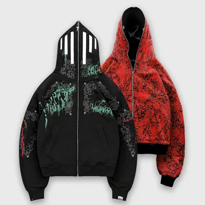 Low MOQ Cotton Double Layer Camouflage Printing Embroidery Zipper Hoodie Streetwear Oversized Reversible Full Zip up Hoodie Men