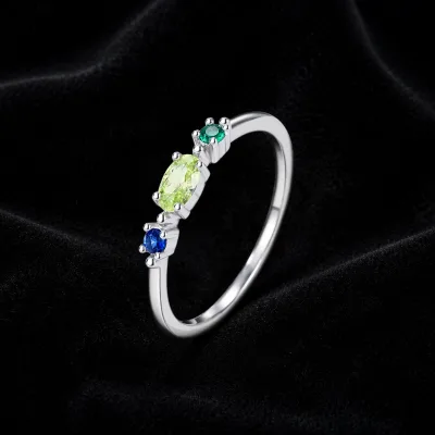 Three Stones Ring 925 Sterling Silver Oval Green Peridot Round Four Prong Ring for Women Fashion Jewelry Wholesale