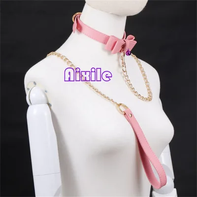 Choker BDSM Cosplay Bowknot Collar Choker with Golden Chain Leash Pink Kitten Collar With Chain Sex Toys for Couples Adult Games
