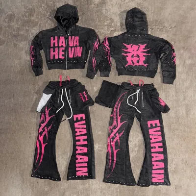Wholesale LOGO OEM ODM Manufacturer Y2K Sweatpants Hoodie Sets Embroidery Printing Rhinestone Hoodie Set