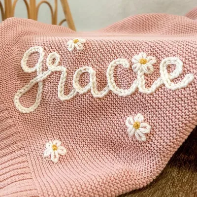Custom Personalized Name Embroidered Pure Cotton Knit Blanket Soft Swaddle & Nap Throw