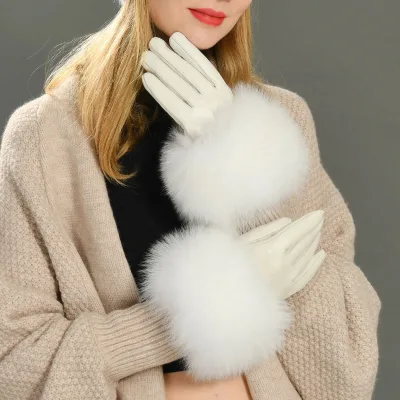 Wholesale Genuine Sheepskin Gloves With Fur Trim Winter Warm Women Genuine Leather Fox Fur Gloves