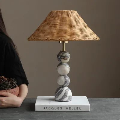 Wabi Sabi Stacked Marble Table Lamp Rattan Lampshade Brass Base Decorative Bedside Desk Lamp for Living Room Bedroom