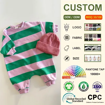 OEM Custom Baby Boys Girls Striped Sweatshirt Oversized Bubble Romper Newborn Infant Loose Long Sleeve Bodysuit Cotton Clothes