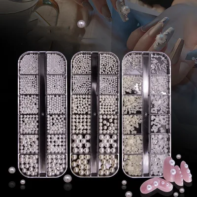 12 Grids Round/Half Round White Pearls Nail Beads Caviar Beads Nail Charms Jewels DIY Nail Art Decoration