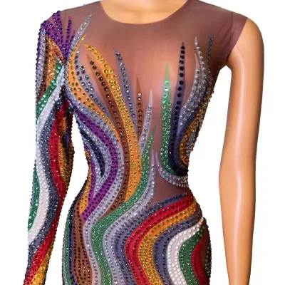 Luxurious and Fashionable Crystal Dress One-sleeved Evening Dress Perspective Diamond Custom-made Women's Dress