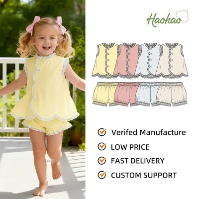 New Trendy Manufacturer Children Summer Sleeveless Ruffled Lace Trim Top Bubble Shorts Kids Sweet Princess Girls Clothing Sets