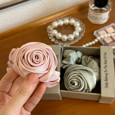 PL Beauty Satin Rose Hair Scrunchies Flower Hair Bows for Women Girls Silk Scrunchy Rubber Bands with Floral