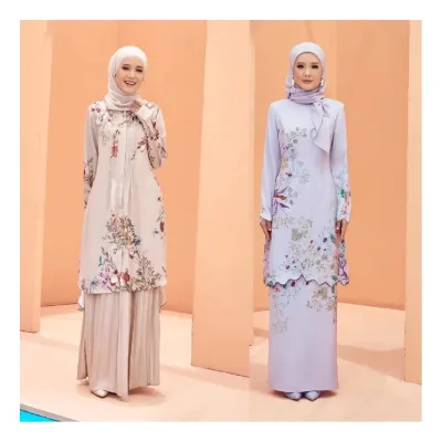 Modern 2024 Baju Kurung for Muslim Women Long Sleeves Casual Floral Embroidered Chiffon Dress with O-Neck Woven Weaving Method