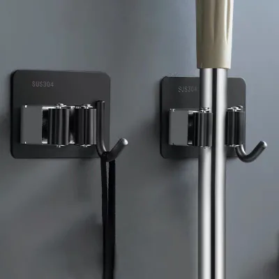 Wall Mounted Mop Broom Holder with Heavy Duty Hooks Hanger 304 Stainless Steel for Bathroom Use